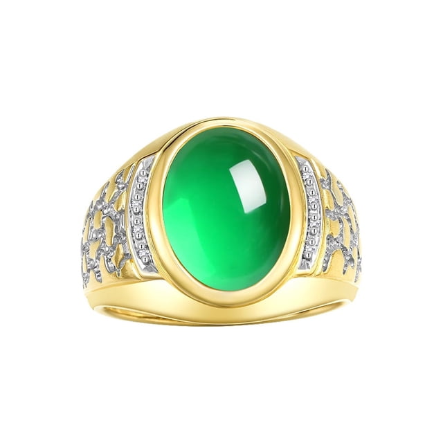 RYLOS Men's Rings 14K Yellow Gold Nugget Ring with Cabochon Gemstone & Diamonds Emerald Rings For Men Size 12