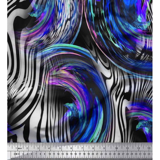 Soimoi Blue Modal Satin Fabric Stripe & Leopard Animal Skin Print Fabric by Yard 42 Inch Wide