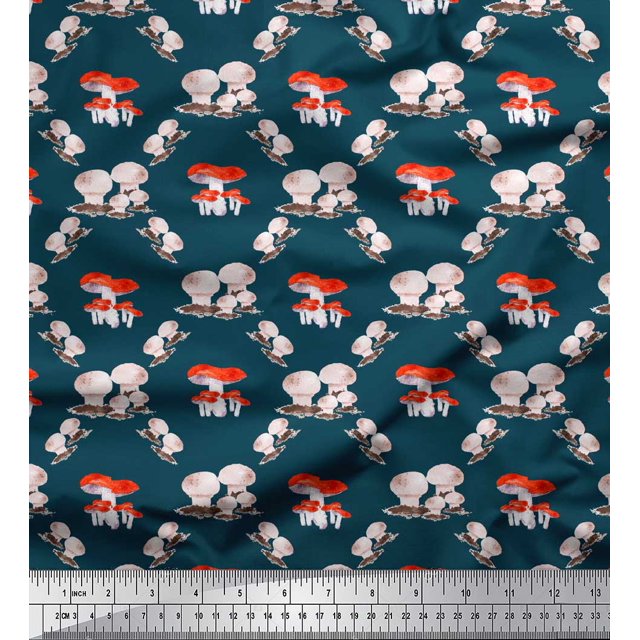 Soimoi Blue Poly Georgette Fabric Mushroom Vegetable Print Sewing Fabric Yard 42 Inch Wide