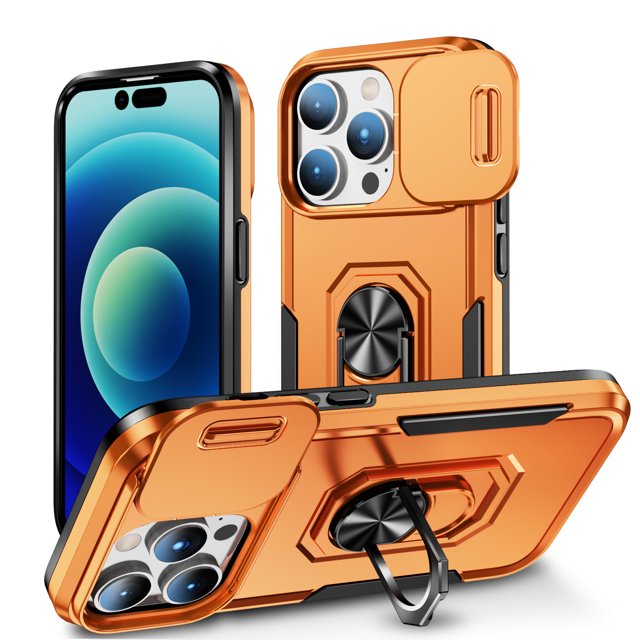 for iPhone 14 Pro Max Hard Case, with Camera Cover & Kickstand Holder, Built-in 360°Rotate Ring Stand Anti-scratch Drop Protection Magnetic Phone Case for Apple iPhone 14 Pro Max - Orange