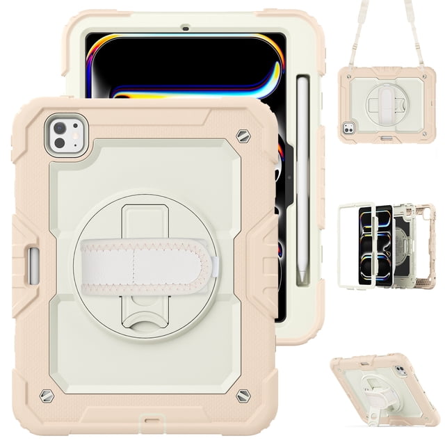 XYX For iPad Pro 11 inch Case 2024 (M4), 360 Rotating Shockproof Cover with Stand, Screen Protector, Shoulder Strap, Cream Rose Gold