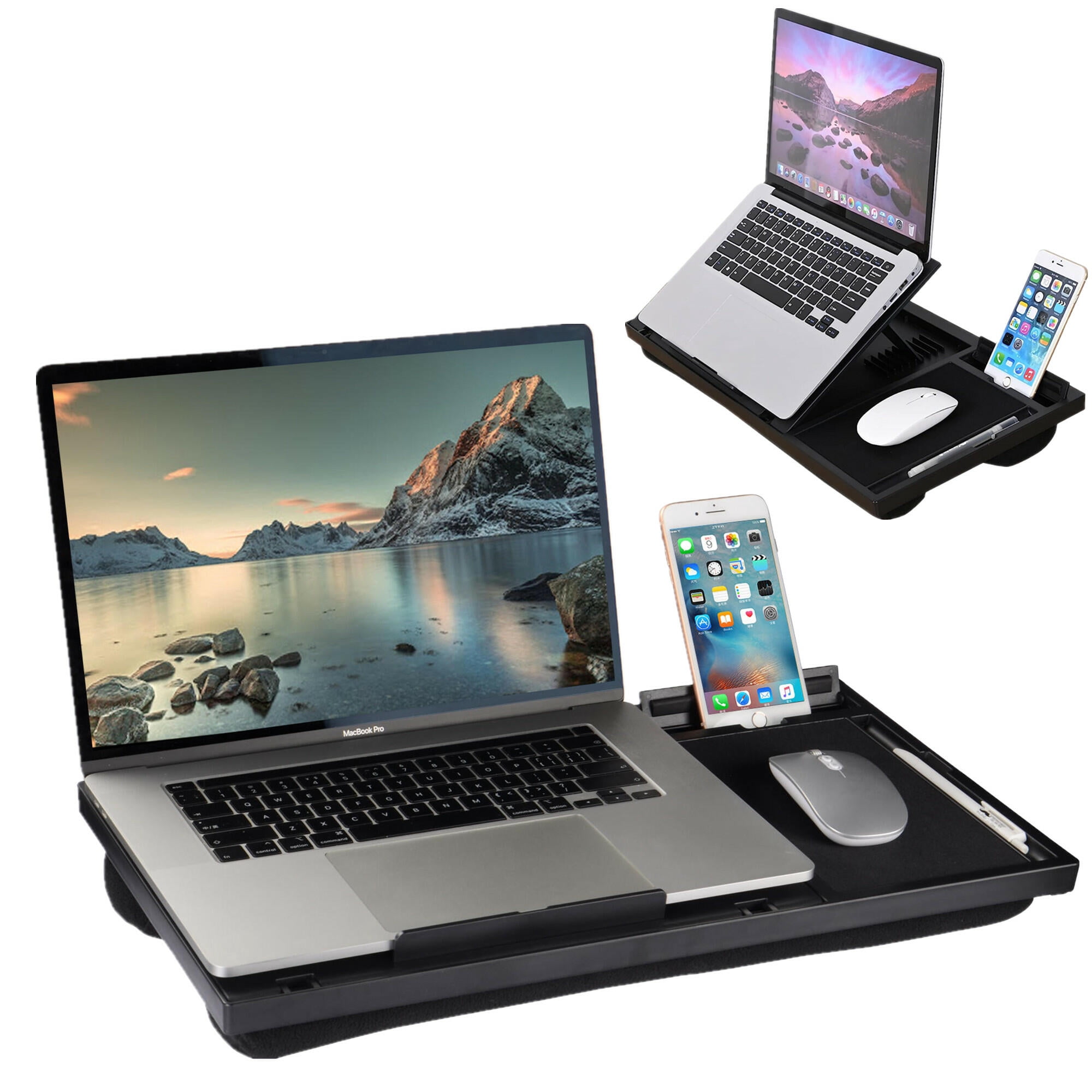 8-level Tilts Adjustable Lap Desk with Cushion, 4-in-1 Design Laptop Stand with Phone Bracket, Mouse Pad & Pen Slot Fits up to 15.6 inch Laptops