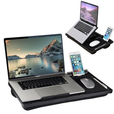 8-level Tilts Adjustable Lap Desk with Cushion, 4-in-1 Design Laptop Stand with Phone Bracket, Mouse Pad & Pen Slot Fits up to 15.6 inch Laptops