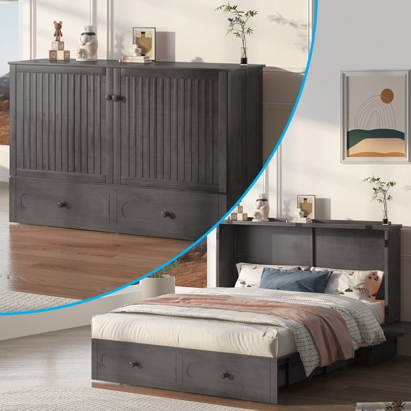 MJKONE Murphy Bed with Mattress,Queen Size Cabinet Bed with Storage Drawers and USB Charging Station,Folding Cabinet Chest Bed for Living Room/Bedroom,Gray