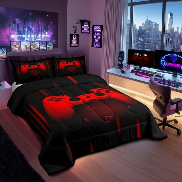 QUTETN Moderne Noir Bleu Joystick de Jeu Couettes et Duvets Grand Lit