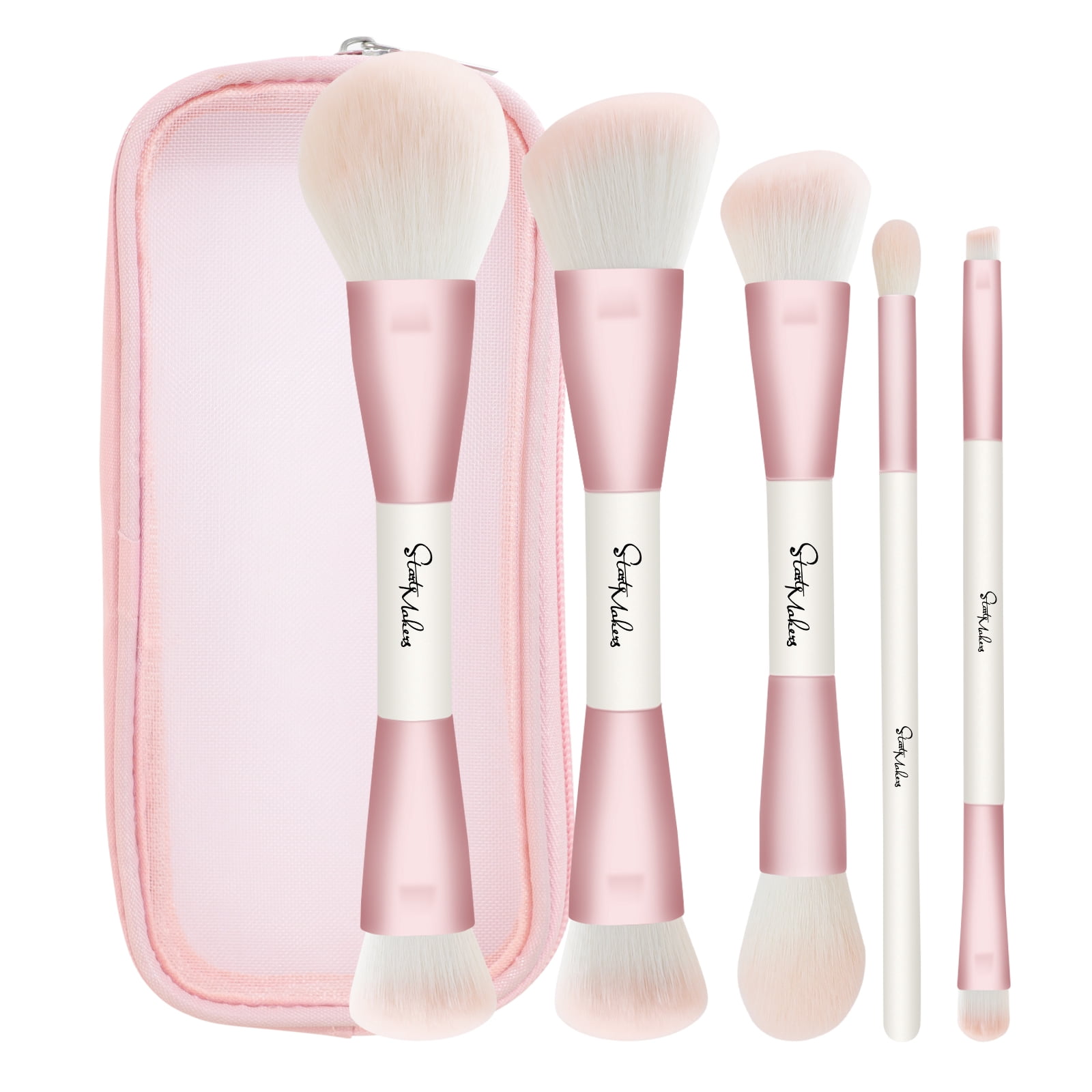 DUAIU Makeup Brushes Set,5Pcs Premium Double-Ended Makeup Brush Foundation Contour Blush Highlight Blending Concealer Eyeshadow Brush Set Professional Face Brush Tools(Pink）