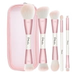 DUAIU Makeup Brushes Set,5Pcs Premium Double-Ended Makeup Brush Foundation Contour Blush Highlight Blending Concealer Eyeshadow Brush Set Professional Face Brush Tools(Pink)