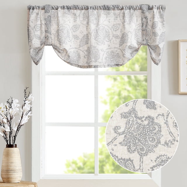 Curtainking Farmhouse Valance 50x18 inch Gray Rustic Floral Light Filtering Curtain Tie Up Rod Pocket Valance for Kitchen 1 Panel