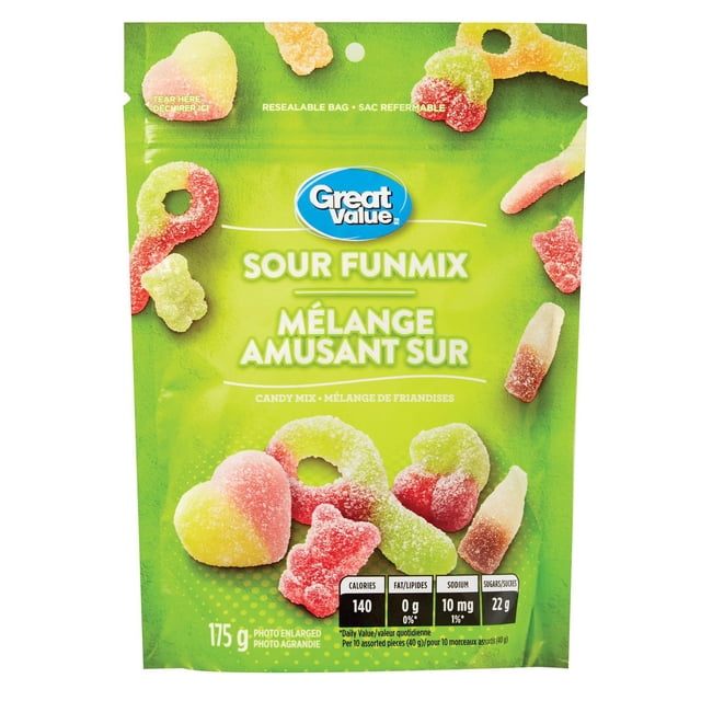 Great Value Sour Funmix Candy Mix resealable 175 g bag with multicolour sour gummy candies in ring, bear, heart, and cola bottle shapes coated in sugar, suitable for sweet snack cravings and party treats.