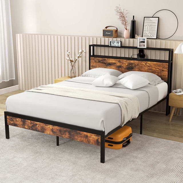 Costway Full Bed Frame with Storage Headboard Charging Station 18W USB C Port Rustic Brown