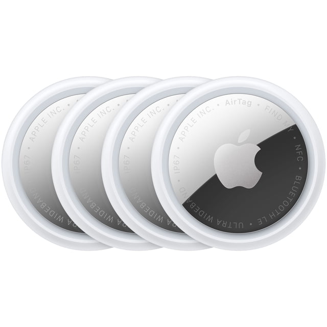 Apple AirTag 4 pack showing four circular white personal tracking devices with a reflective silver Apple logo on the front, arranged in a slightly overlapping row, designed for precise item tracking with the Find My app using Ultra Wideband and Bluetooth technology, often used to keep track of keys, bags, or other valuables.