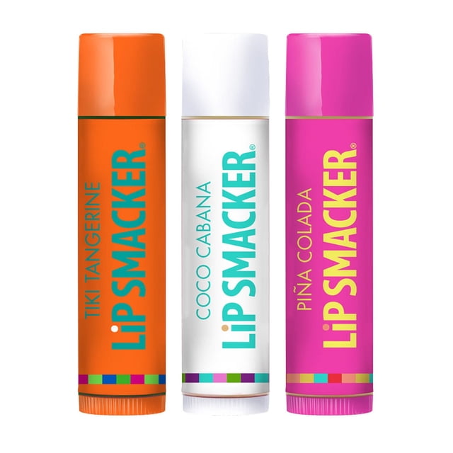 Lip Smackers lip balm set with three tubes in Tiki Tangerine orange, Coco Cabana white, and Piña Colada pink, featuring moisturizing conditioning formulas and bold vertical branding with colorful stripe accents, ideal for kids beauty gift sets.