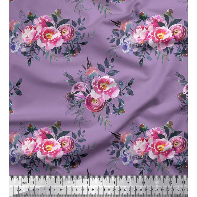 Soimoi Violet Moss Tissu Georgette Feuilles et Imprimés de Tissu Floral Rose au Mètre 42 Pouces de Large
