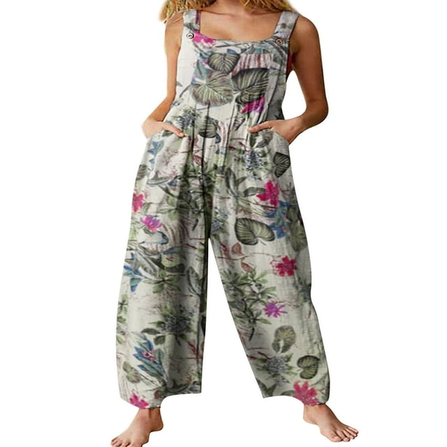 Combinaison d'Été pour Femmes, Col Carré Sans Manches, Motif Floral Feuille