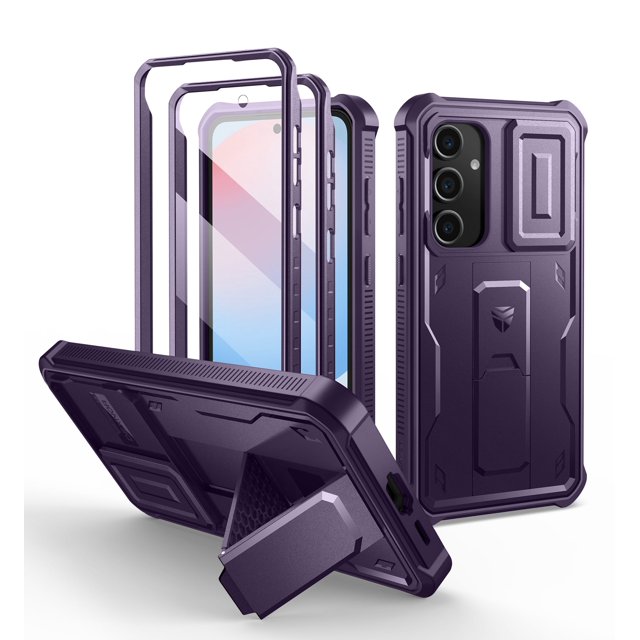 Dexnor for Samsung Galaxy S24 FE case in purple, featuring a built-in slide camera cover, screen protector, and kickstand. This heavy-duty, shockproof, full-body bumper case offers military-grade protection with precise cutouts for ports and buttons. The case includes two front frames for screen protection, a magnetic sliding camera cover for lens safety, and a versatile kickstand for hands-free use in portrait or landscape mode. Designed for outdoor adventures, it is lightweight yet rugged, ensuring durability and portability.