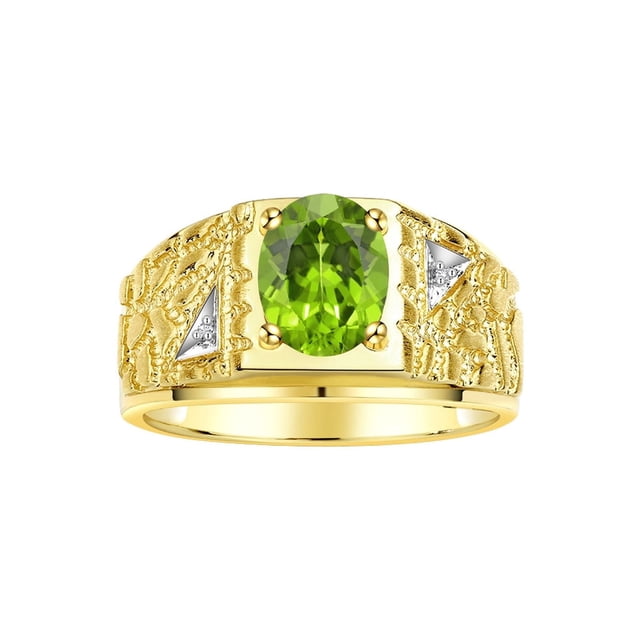 RYLOS Men's Rings Yellow Gold Plated Silver Designer Nugget Ring Oval 9X7MM Gemstone & Diamonds Peridot Birthstone Rings For Man Size 11