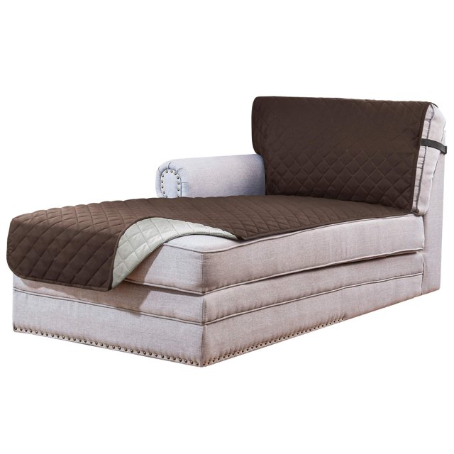 SUBRTEX Chaise Lounge Cover in a reversible design, shown on a sectional L-shaped sofa. The slipcover, in a coffee brown color with a quilted pattern, features elastic straps for secure placement. Made of upgraded polyester fabric with high-density stitching, it is soft, durable, and washable. Suitable for chaise lounges measuring 102x34.5 inches, ideal for protecting furniture from kids and pets.