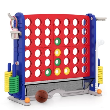 Costway Giant 4-in-a-Row Game Set with Ring-toss, Basketball Hoop, Golf Club & Cup Holders Red & Navy