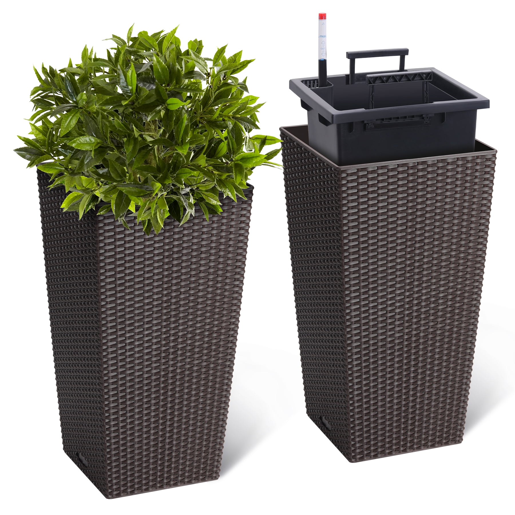 BeesClover Rattan Planter, 22.4 Inch Tall Large Flower Pots with Trays, Water Level Monitor & Wheels for Indoor Outdoor Patio Porch Living Room Home Office Set of 2