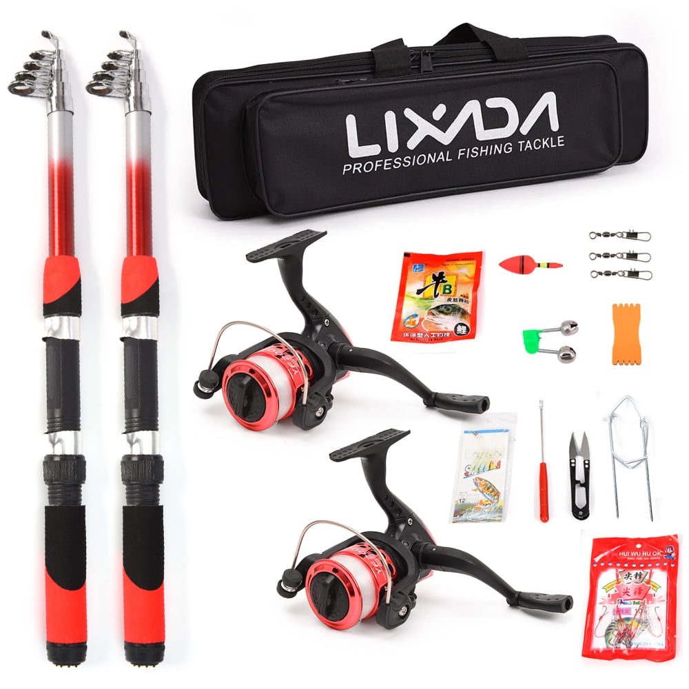 Lixada Fishing Rod Reel Combo Full Kit with 2PCS 2.1m Telescopic Fishing Rods 2PCS Spinning Reels Fishing Lures Hooks Accessories Fishing Bag