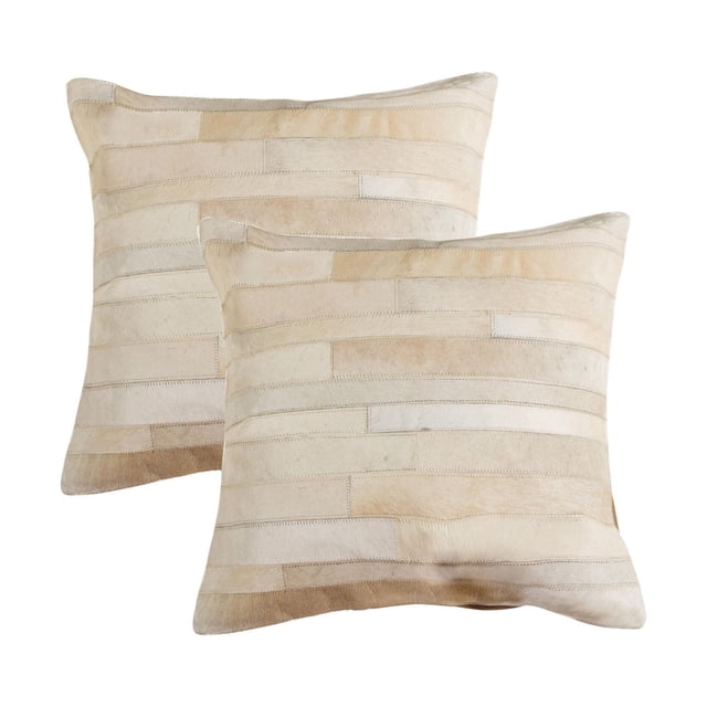 H-Natural Torino Madrid Cowhide 2-Pack Pillows with large square shape, natural beige and cream patchwork cowhide panels, hand-stitched with hidden zipper closures, ultra-soft microsuede backing, and polyfil inserts, ideal for layering and adding warmth to home décor.