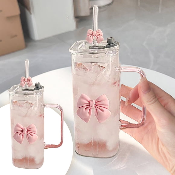 Glass&Bottle Bow Shaped Square Transparent Cup with Lid Straw Handle for Women and Girls Tea Coffee Heat- Glass Cup with Sleek Modern Design