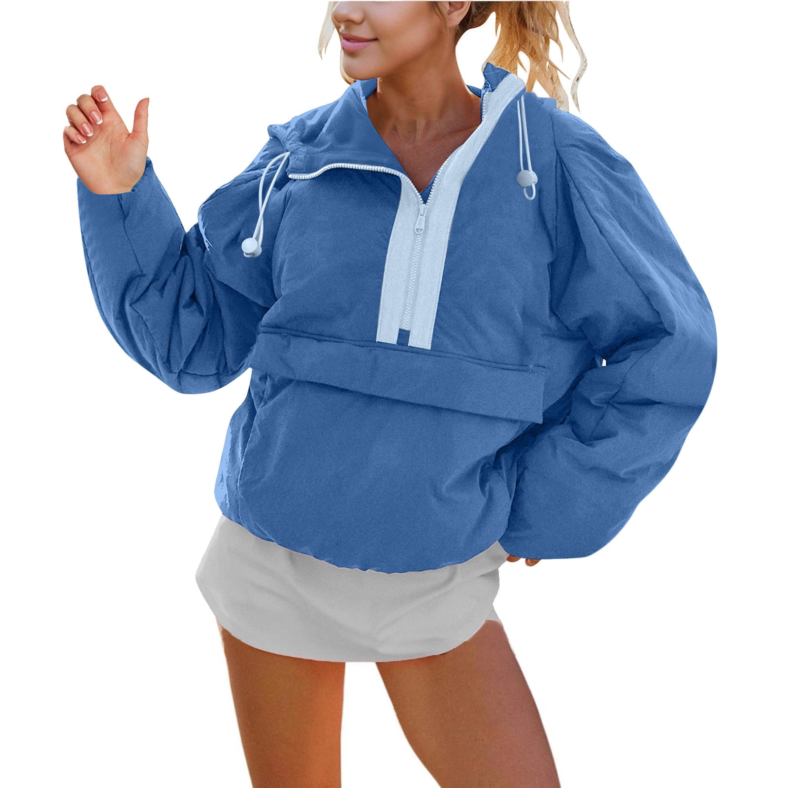 Jackets for Women Crew Neck Pullover Puffer Long Sleeve Loose Hooded Drawstring Coat