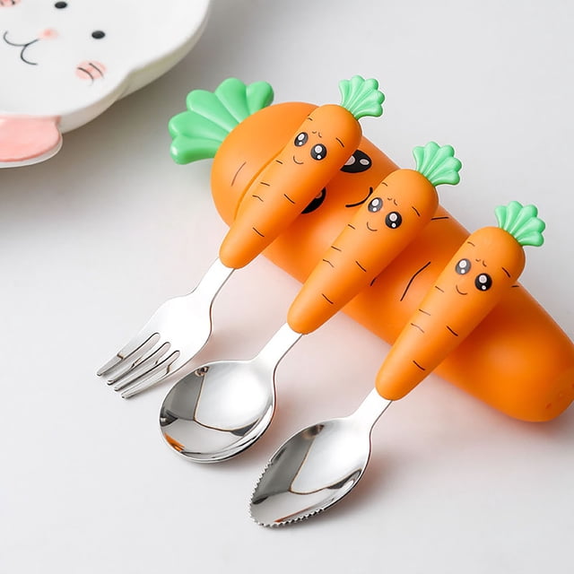 Children Cutlery Cartoon Fork Head Passivation Mirror Reflection Carrot Shape Spoon Fork for Kids