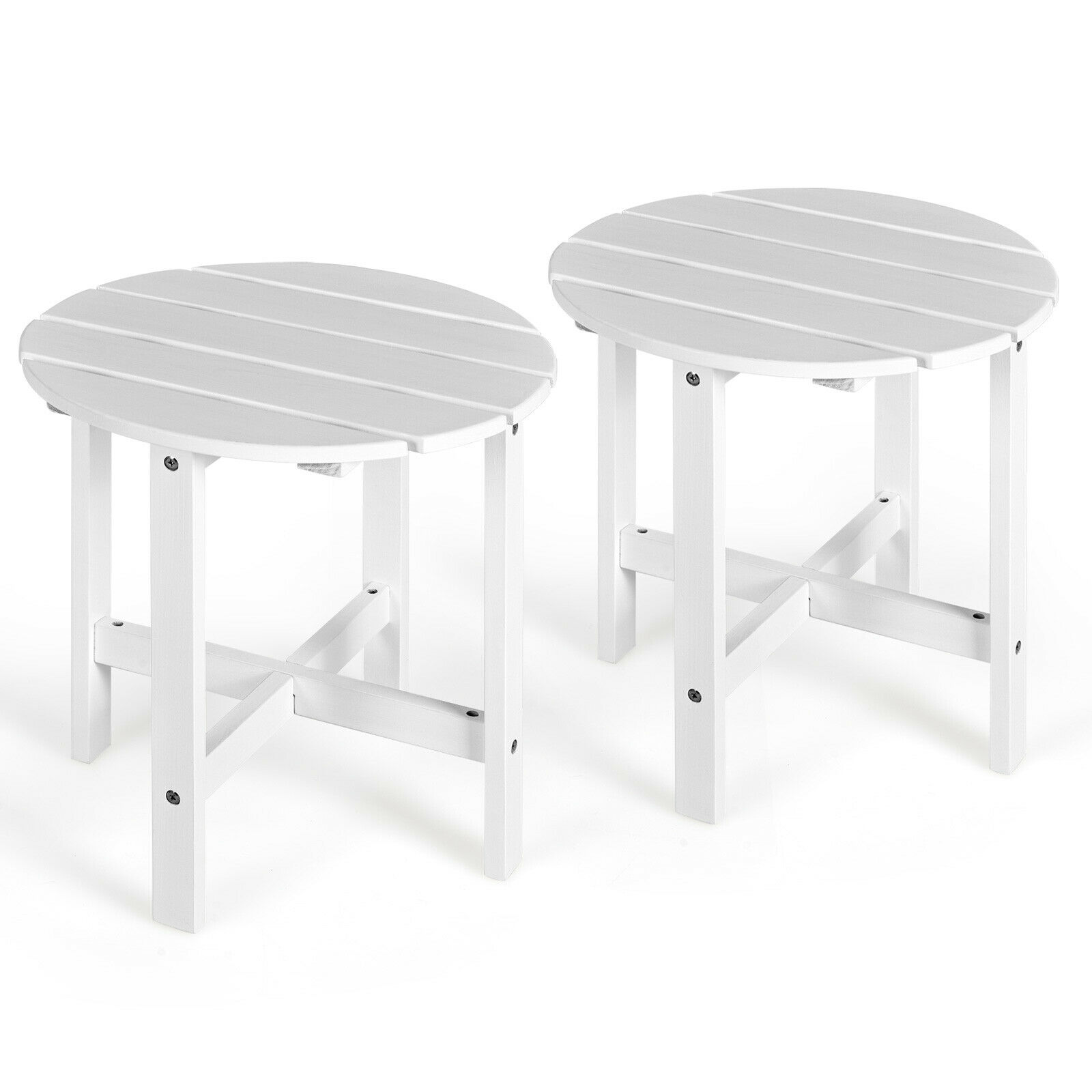 Gymax 2 PCS 18'' Patio Round Side End Coffee Table Wooden Slat Deck White