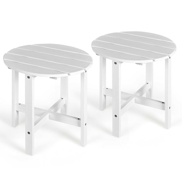 Gymax 2 PCS 18'' Patio Round Side End Coffee Table Wooden Slat Deck White