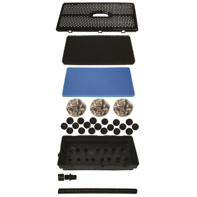 Angelo Décor Pond Filter Box components including a black snap-on lid with handle, coarse black and fine blue filter pads, three mesh bags with bio balls and ceramic media, multiple small black bio discs, black rectangular filter housing, connector, and flexible tubing, designed for mechanical and biological filtration in ponds up to 1500 gallons.