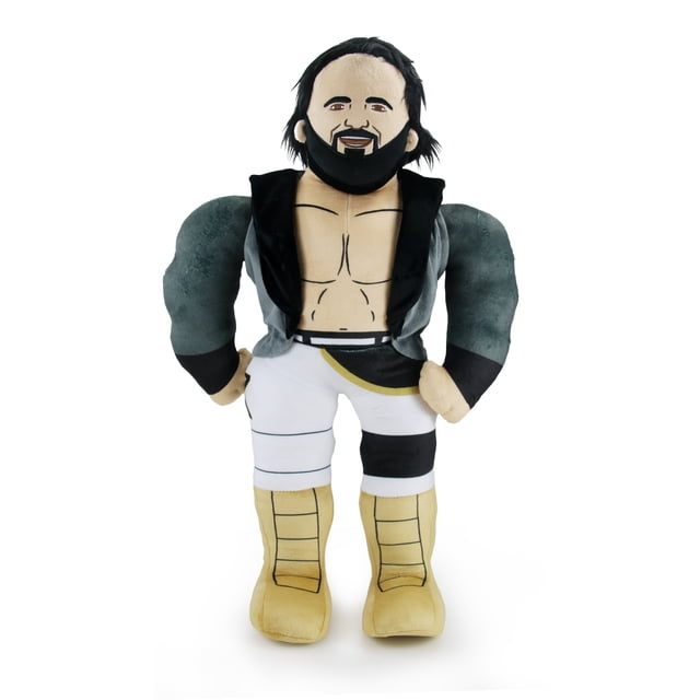 WWE Peluche 23 Pouces Seth Rollins Mettant en Vedette une Peluche Douce Orientée vers l'Avant avec des Détails de Poitrine Musclés, Veste Ouverte Noire et Grise, Collants de Lutte Blancs et Noirs, et Bottes Beige avec accents Cousus, Fabriqué en Tissu polyester, Debout sur un Fond Blanc.