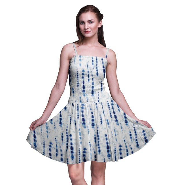 Bimba Robe Soleil Mini à Bretelles Spaghetti pour Femmes, Haut à Taille Smockée Imprimé Shibori - Moyen