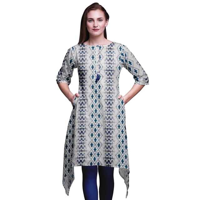 Bimba Kurta Shibori Ikat Bleue pour Femmes Ethnique Imprimée Asymétrique Hauts d'Été pour Femmes Petit