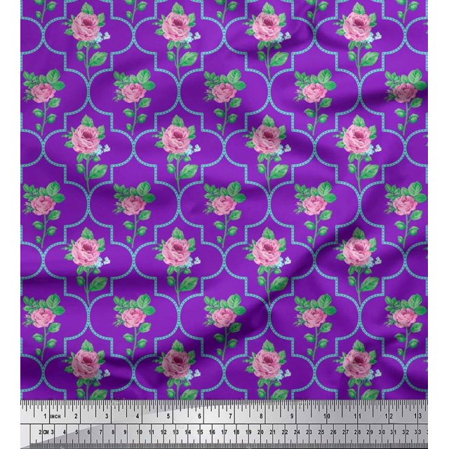 Soimoi Tissu en Voile de Coton Design Quatrefoil, Feuilles & Roses Imprimés Floraux au Mètre 42 Pouces de Large