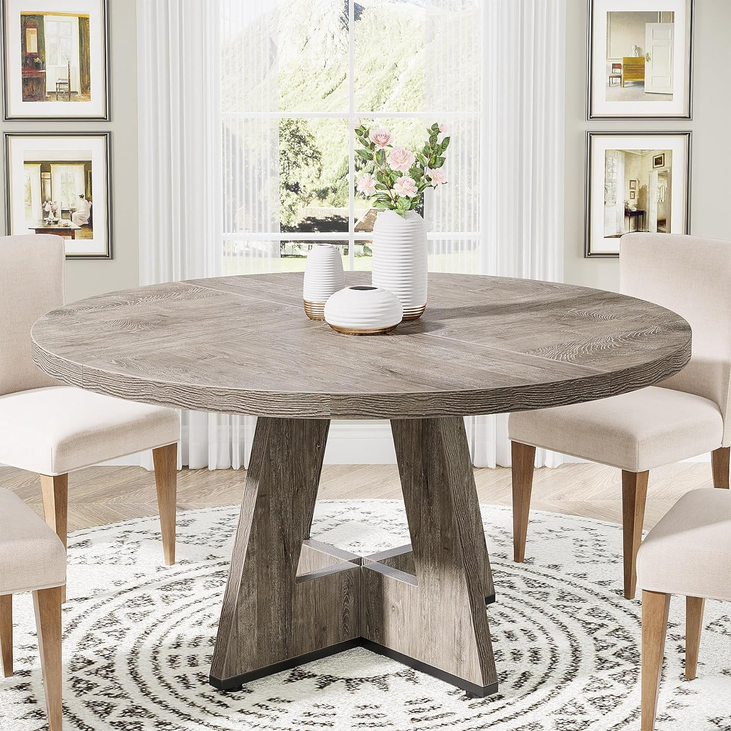Round Dining Table Wood Kitchen Table for Living Room, 47 inches Dining Room Tables for 4 Person