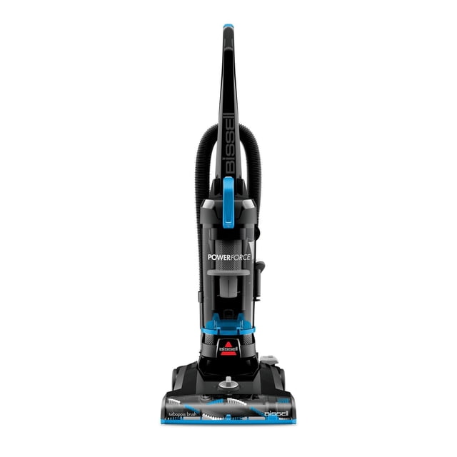 BISSELL® PowerForce® Bagless Upright Vacuum front-facing with black and blue plastic body, clear dirt tank, flexible hose on handle, and wide turbobrush cleaning head designed for edge-to-edge floor cleaning and easy home use.