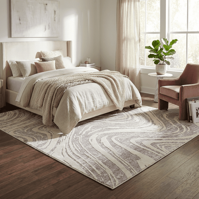 Rug Branch Nomad Abstract Indoor Area Rug in purple beige coastal tones, 6'7" x 9'6", with an abstract pattern on polypropylene, placed under a beige upholstered bed with neutral bedding and knit throw in a sunlit bedroom with hardwood floors, pink armchair, and potted plant on a round side table.