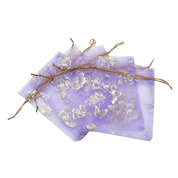 Ankirol 100 Pcs Mini Sacs en Organza Transparent pour Mariage 3.5x4.5'' Bijoux de Luxe Bonbons Sacs Cadeaux avec Cordon Doré Pochettes Papillons (Violet Clair)