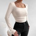 thumbnail image 4 of AherBiu Crop Tops for Women Ribbed Flare Long Sleeve Square Neck Slim Tight Basic Spring Shirt Blouse, 4 of 7