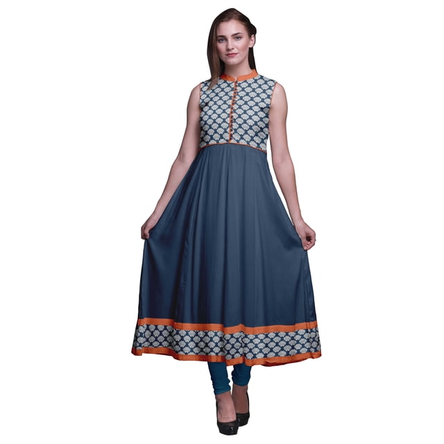 Bimba Robe Anarkali à Col Mandarin pour Femmes, Imprimé Damassé Bleu Marine Foncé, Kurta Ethnique Indienne X-Small