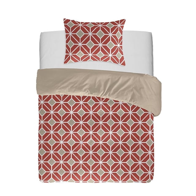 Gouchee Home Komet Coral 2-Piece Twin Duvet Cover Set with coral and taupe geometric cube pattern on breathable 200 thread count cotton percale, OEKO-TEX certified, featuring a beige reverse side, includes one duvet cover (66" x 86") and one pillow sham (20" x 26"), ideal for modern bedroom styling and comfort.