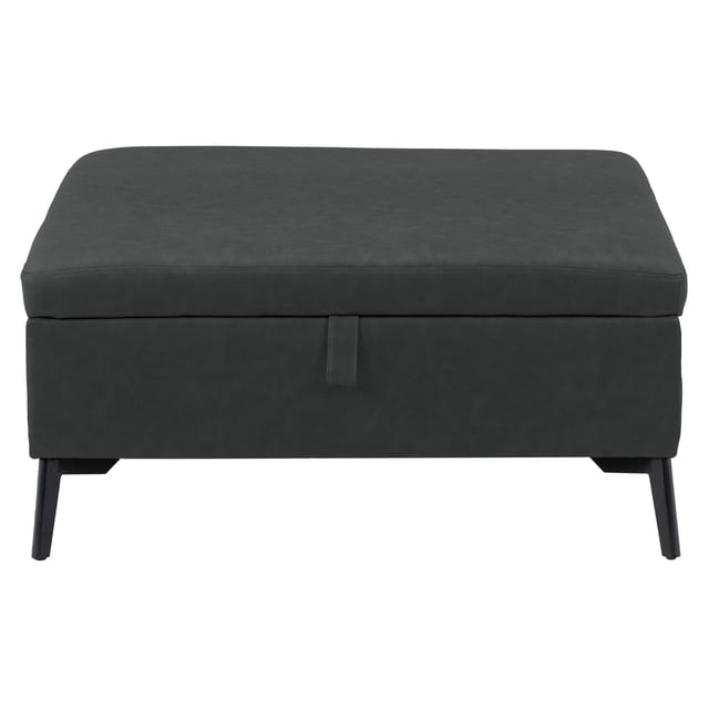 CorLiving Linden Black Upholstered Square Storage Ottoman with Metal Legs, front-facing mid-century modern square ottoman upholstered in black weathered soft-touch fabric with padded top, gas lift storage compartment, and solid black metal legs, suitable for seating, footrest, or storage in living room furniture.