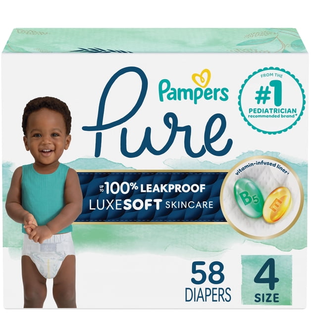Pampers Pure Baby Diapers Size 4 box with 58 diapers designed for babies 22-37 lbs, featuring up to 100% leakproof protection, premium hypoallergenic soft skincare, and a vitamin-enriched liner from the #1 pediatrician recommended brand.