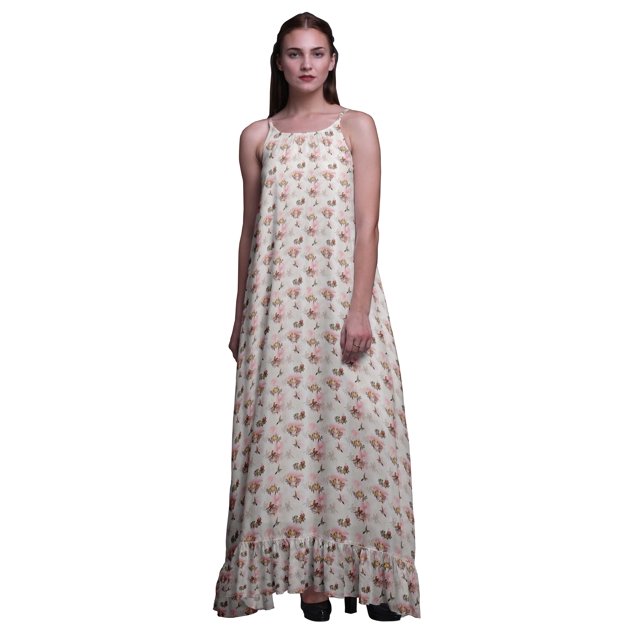 Bimba Robe de Nuit Imprimée Rose Pâle Oiseau Branche et Colibri pour Femmes Longue à Bretelles Spaghetti Robe Maxi Vêtement de Nuit Robe Medium
