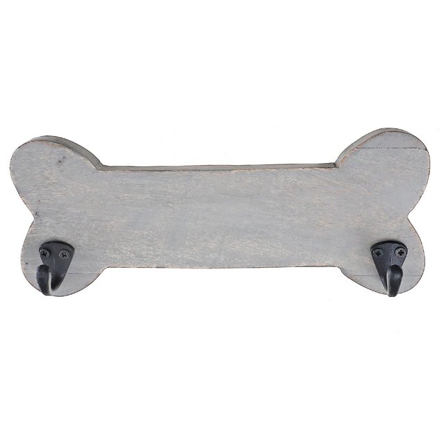 Os en Bois en Forme avec 2 Crochets en Nickel Gris, Support Mural en Forme d'Os de Chien avec une base en Bois Grise et Deux Crochets en Nickel Noir à Chaque Extrémité, Idéal pour Accrocher de Petits Accessoires dans les Garde-Robes Ou les Entrées.