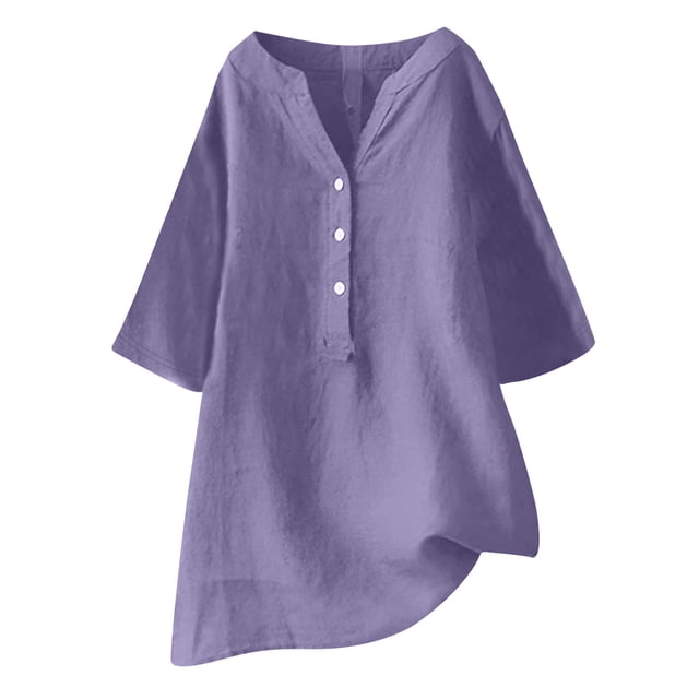 AherBiu Plus Size Tops for Women Cotton Linen Half Button Notch V Neck Oversized Summer Tops Shirt Blouse
