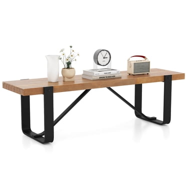 Costway Banc de Couloir de 60 Pouces de Long Banc d'Entrée avec Cadre en Métal Étagère à Chaussures en Bois Style Ferme