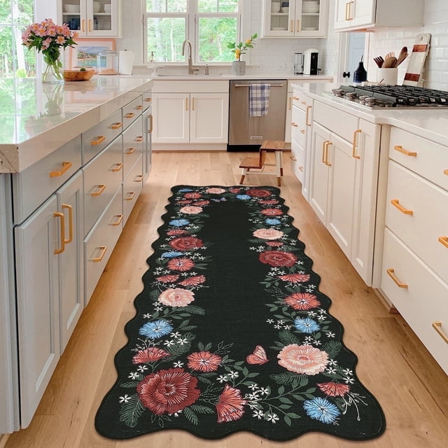 Garvee 2'x6' Area Rugs Washable Foldable Print Runner Rug, Non-Slip Low Pile Rug Distressed Indoor Floral Rugs for Hallway, Laundry Room Rug, Farmhouse Kitchen Mat, Black