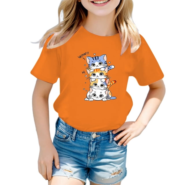 HNMKIU T-Shirt Graphique à Manches Courtes pour Filles, Tenue Décontractée d'Été, Col Rond Tendance pour Jeunes Fashionistas